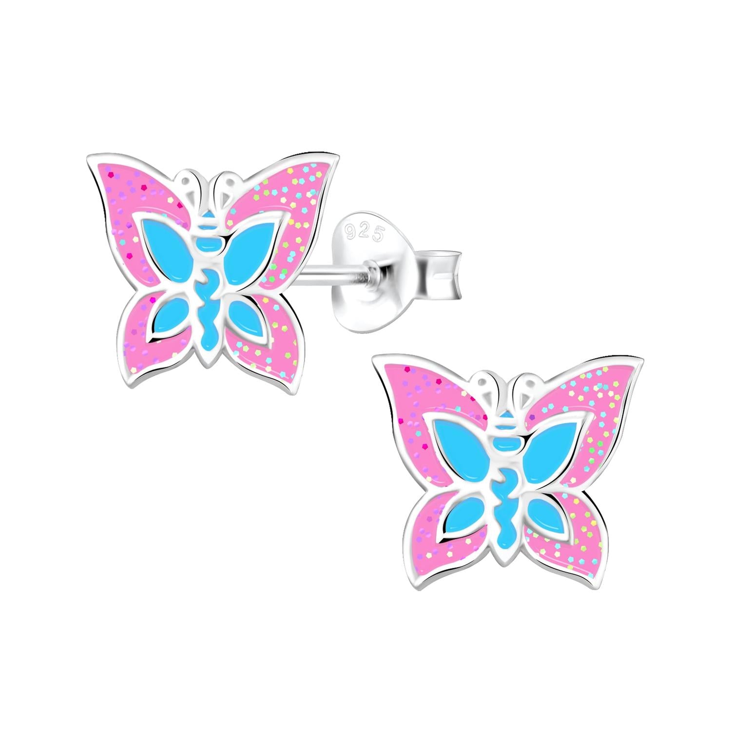 Melchior Jewellery sparkly butterfly stud earrings for kids in pink and blue enamel with sterling silver posts
