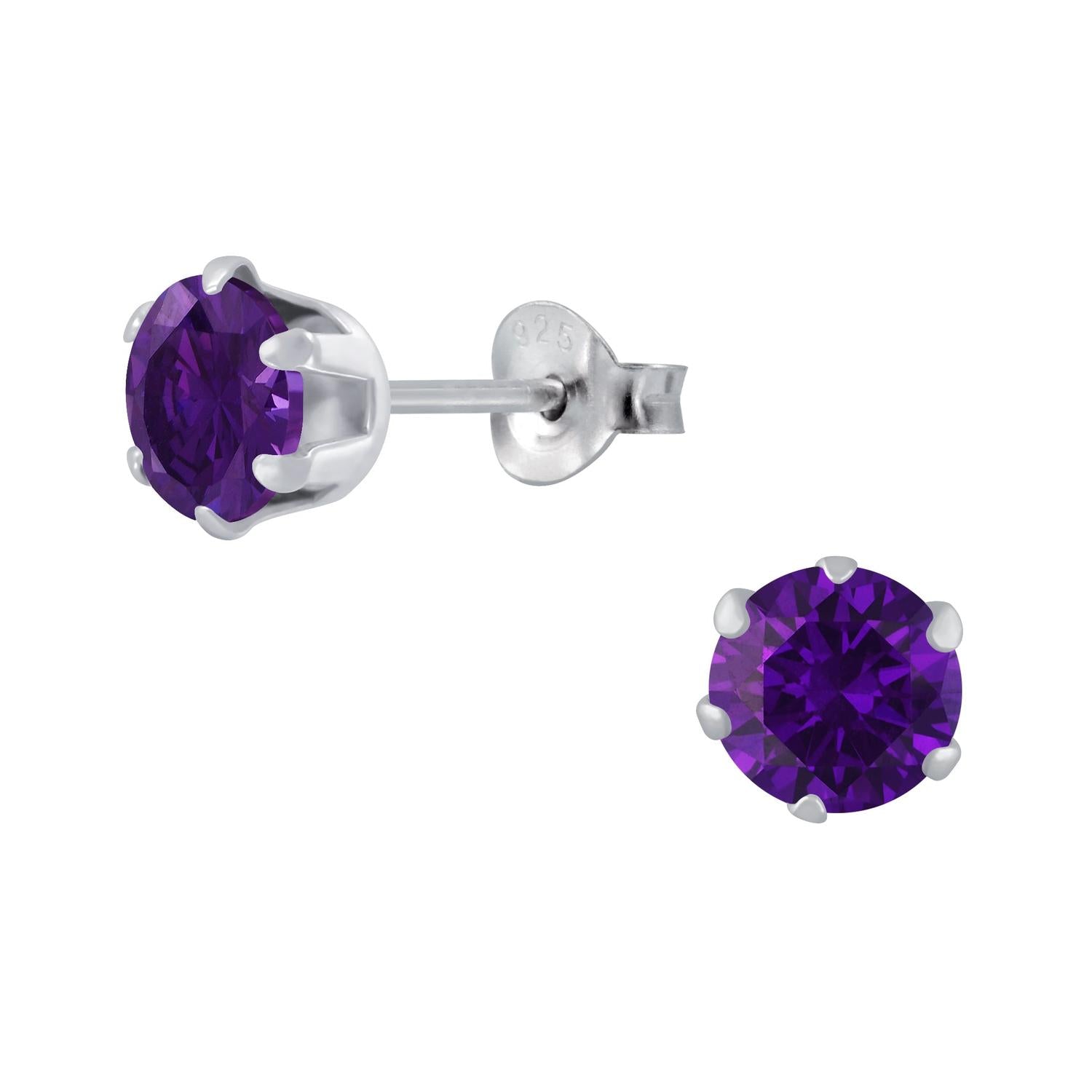 Sterling silver amethyst stud earrings with round purple gemstones by Melchior Jewellery