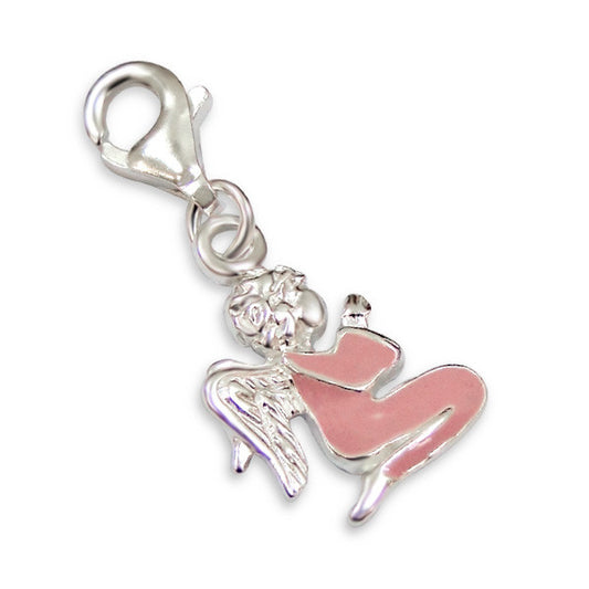 Melchior Jewellery clip on sterling silver angel charm with pink enamel body and lobster clasp