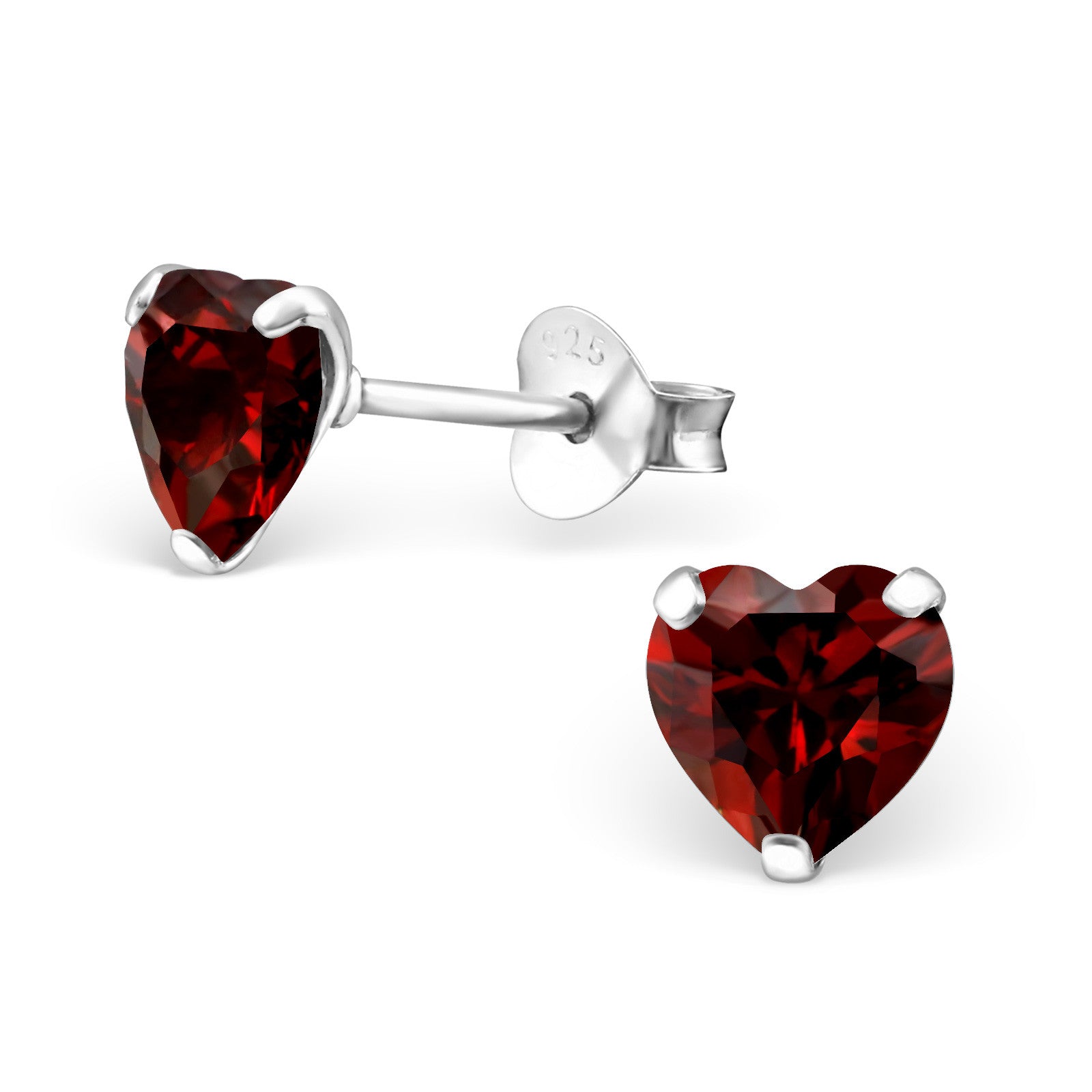 Melchior Jewellery sterling silver birthstone heart earrings with deep red gemstones for women