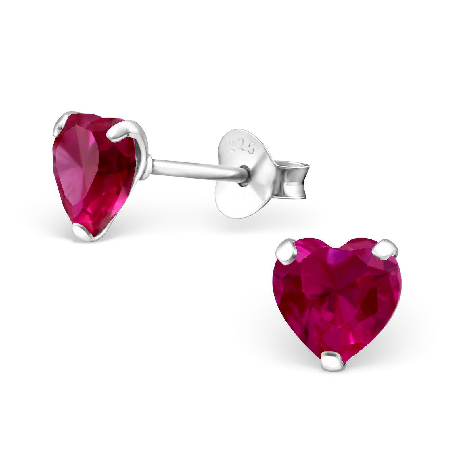 Melchior Jewellery sterling silver birthstone heart earrings with red heart-shaped gemstones