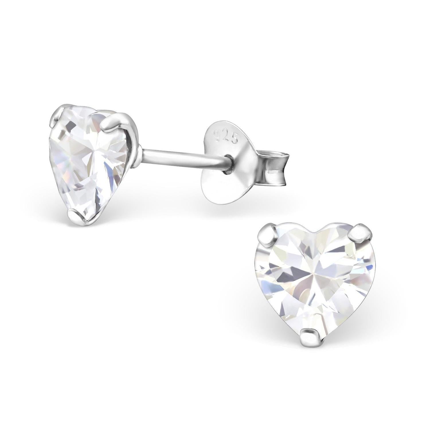 Melchior Jewellery sterling silver birthstone heart earrings with clear heart-shaped stones