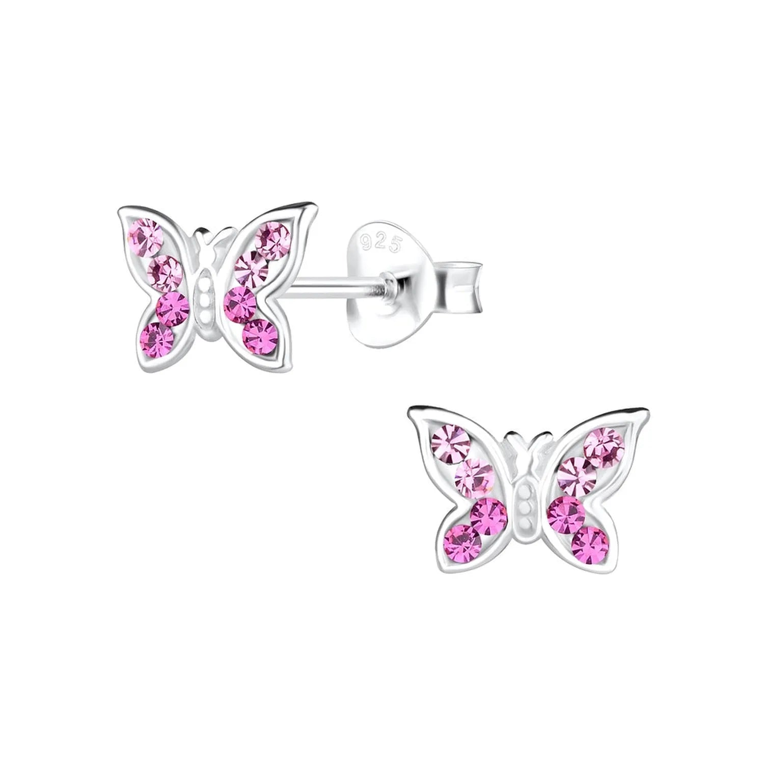 Melchior Jewellery sterling silver butterfly earrings with pink crystal inlays and stud backings