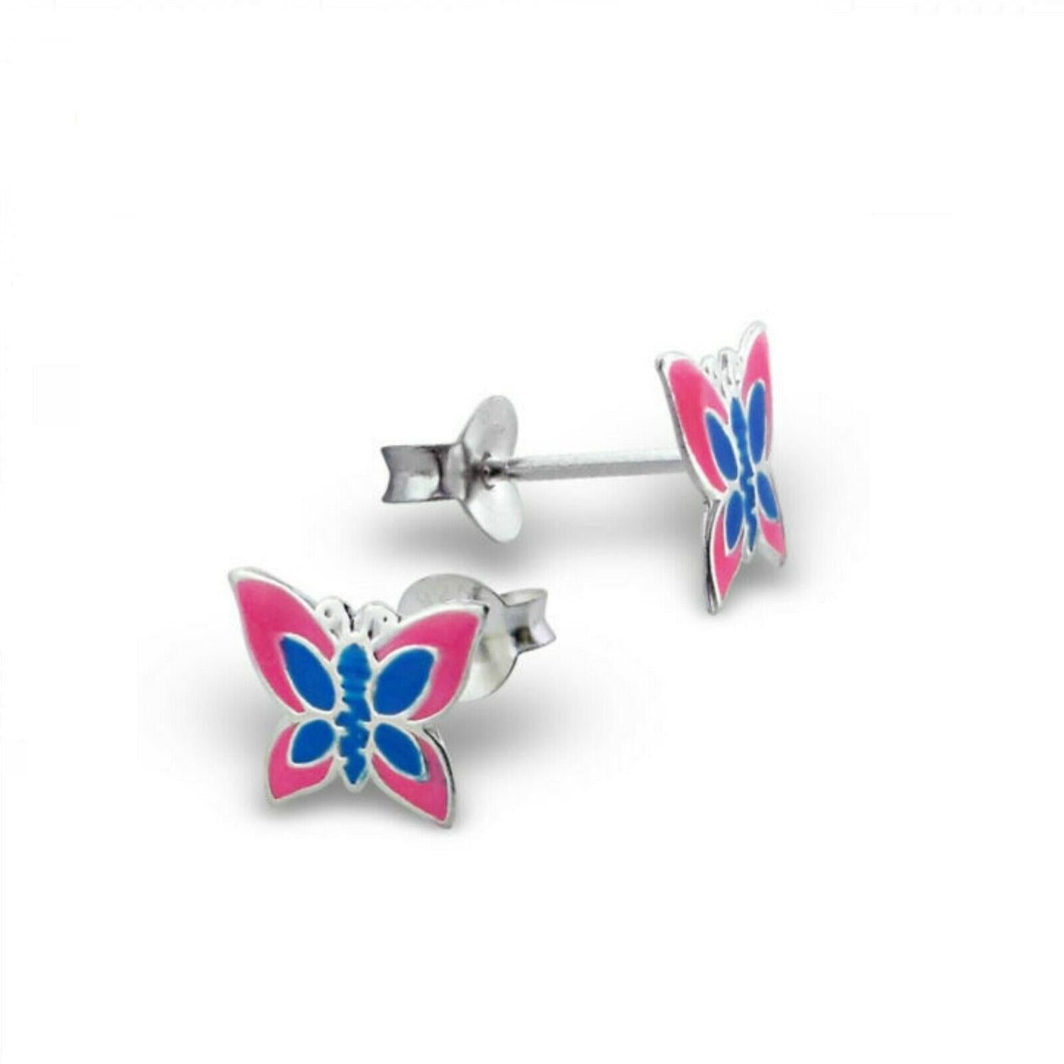 Sterling Silver butterfly stud earrings for kids in pink and blue by Melchior Jewellery