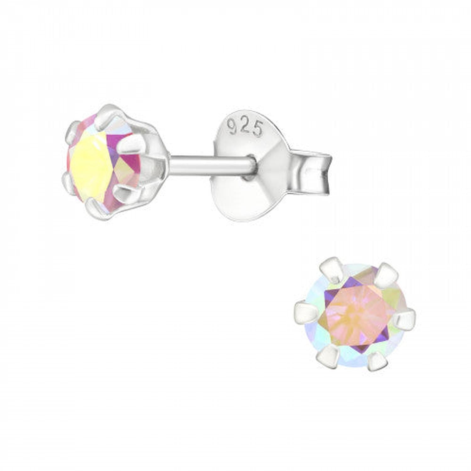 Melchior Jewellery sterling silver crystal stud earrings with iridescent multicoloured round stones in six-prong settings