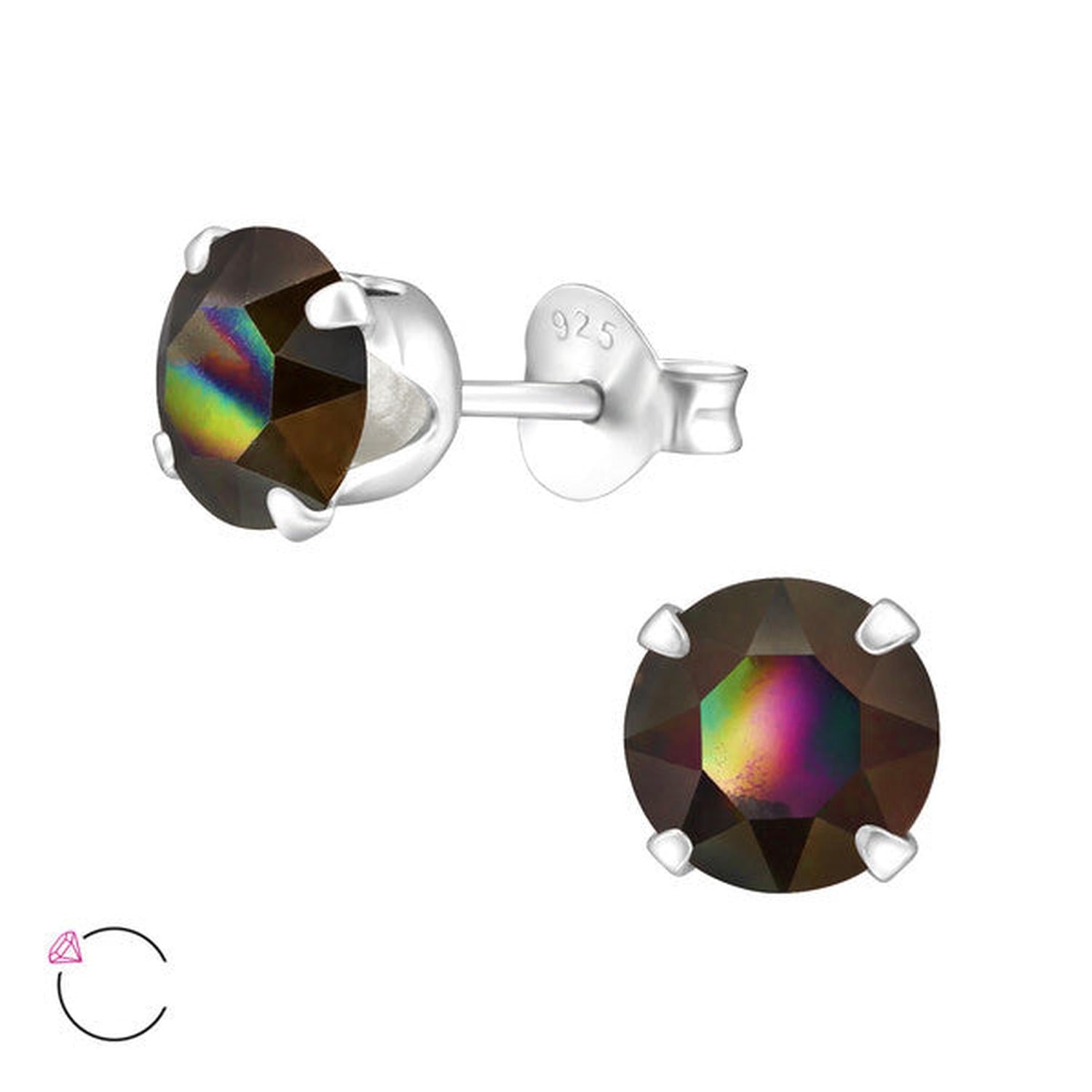 Melchior Jewellery sterling silver crystal stud earrings round dark aurora borealis crystal in four prong 925 setting