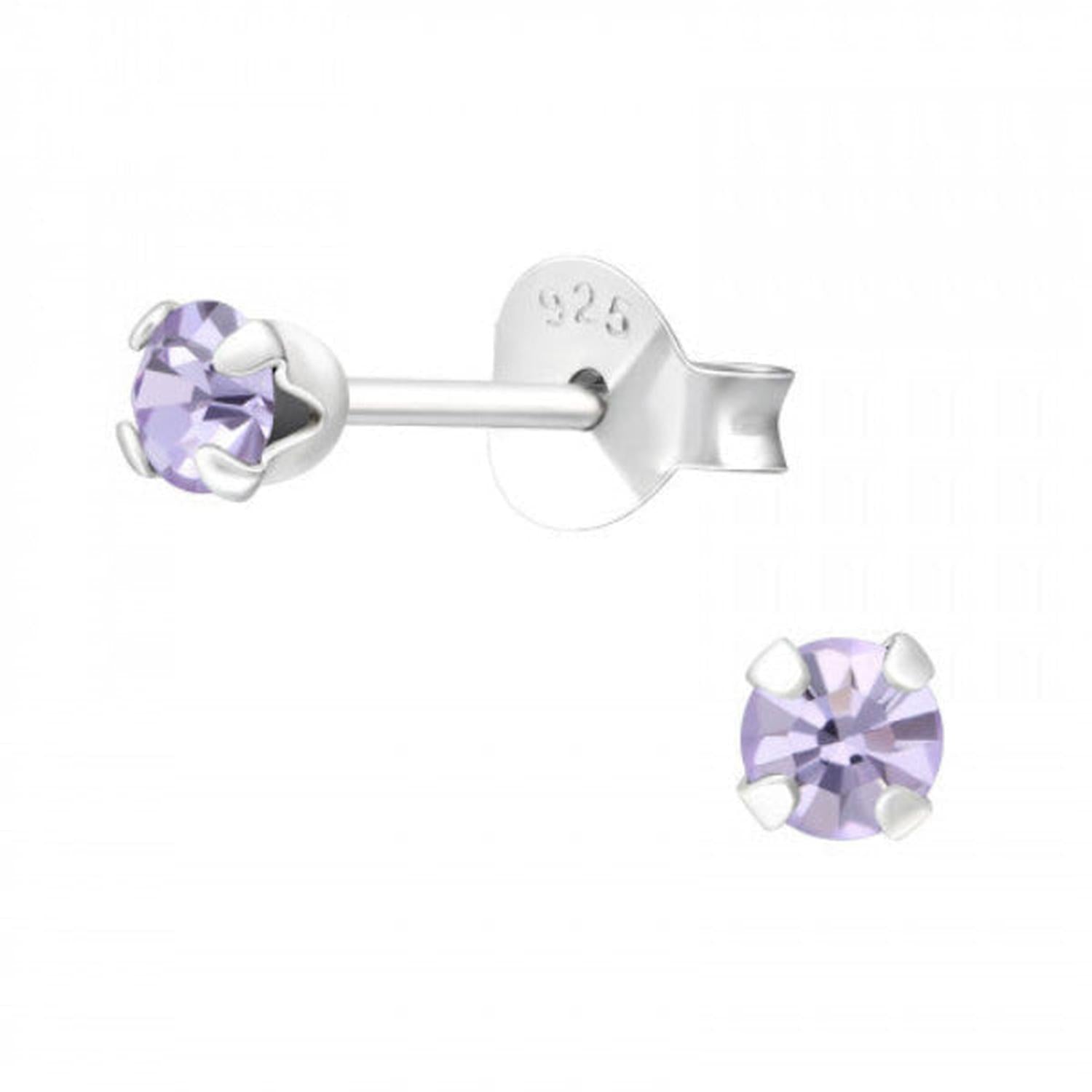 Melchior Jewellery sterling silver cubic zirconia stud earrings with light purple stones and secure butterfly backs