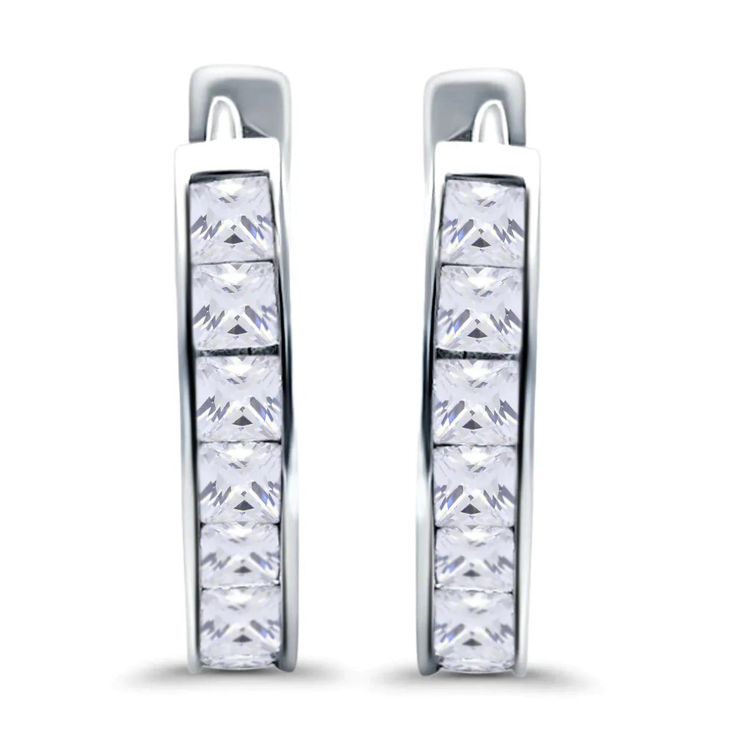Sterling Silver CZ Half Hoop Earrings featuring clear square-cut cubic zirconia stones in a sleek polished silver setting
