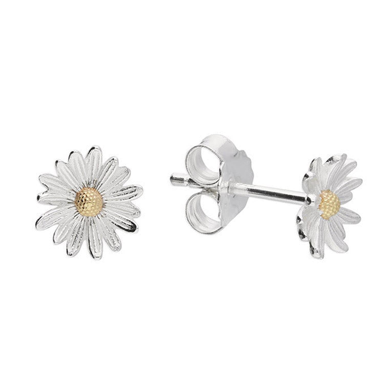 Melchior Jewellery sterling silver daisy stud earrings with detailed silver petals and gold-tone centre