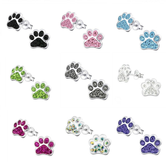 Melchior Jewellery childrens sterling silver dog paw stud earrings in assorted coloured crystal paw studs for kids