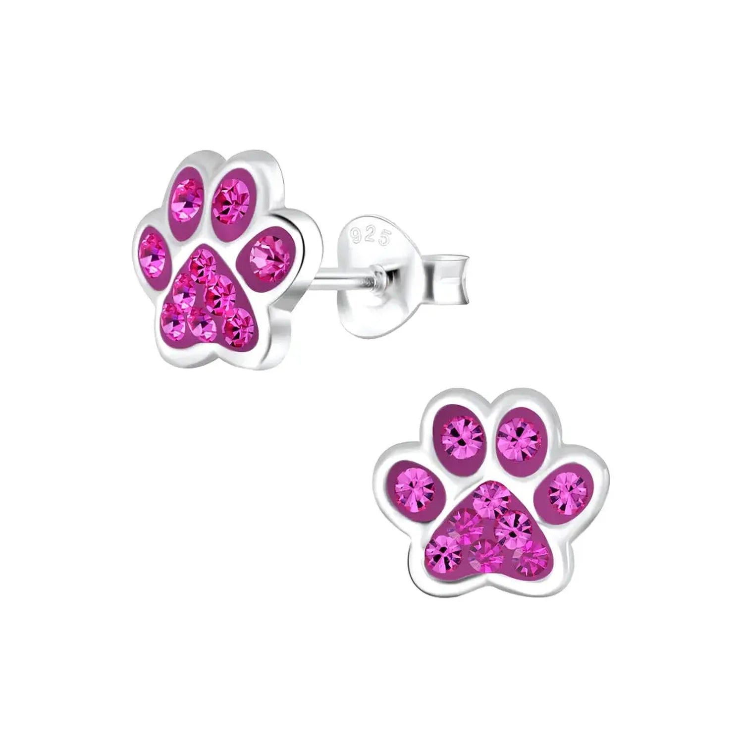 Melchior Jewellery childrens sterling silver dog paw stud earrings with pink crystal paw design for kids