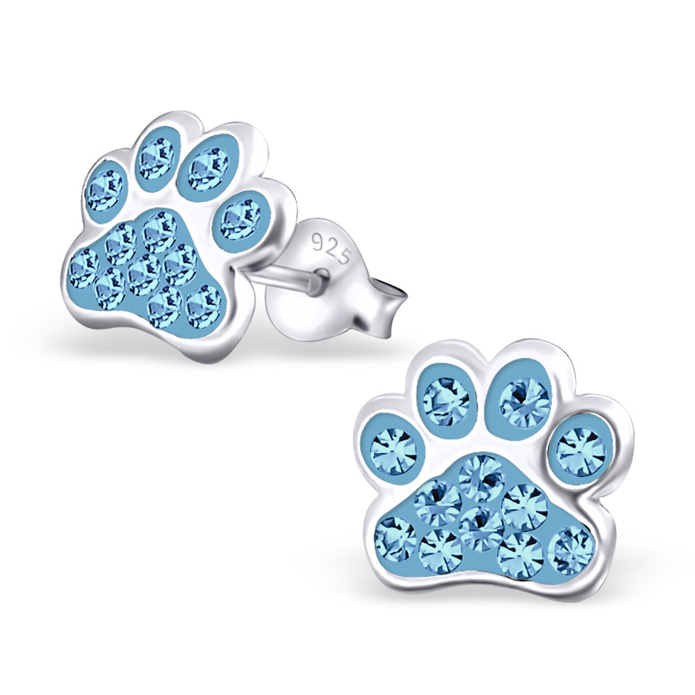 Melchior Jewellery childrens sterling silver dog paw stud earrings with blue crystal stones 925 stud backs