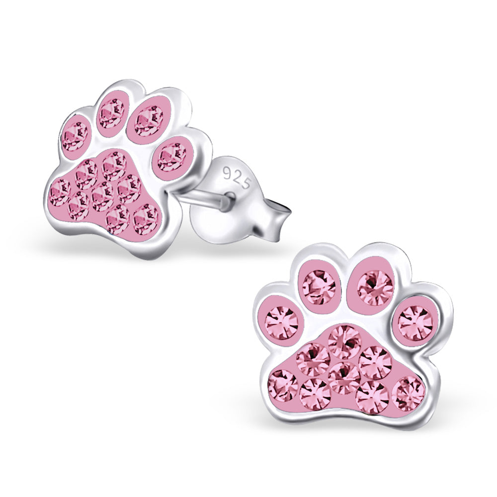 Melchior Jewellery childrens sterling silver dog paw stud earrings with pink crystal fill and 925 posts