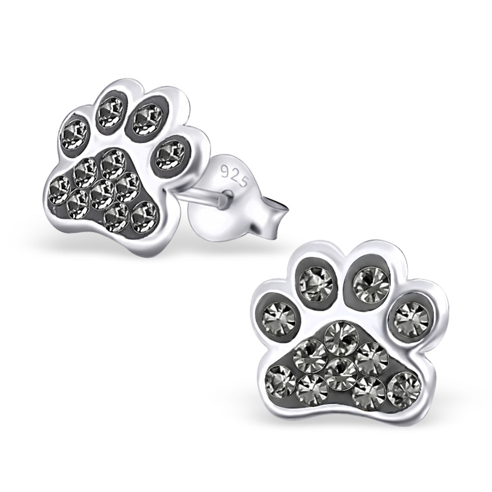 Melchior Jewellery sterling silver dog paw stud earrings for children with sparkling clear crystals and 925 posts