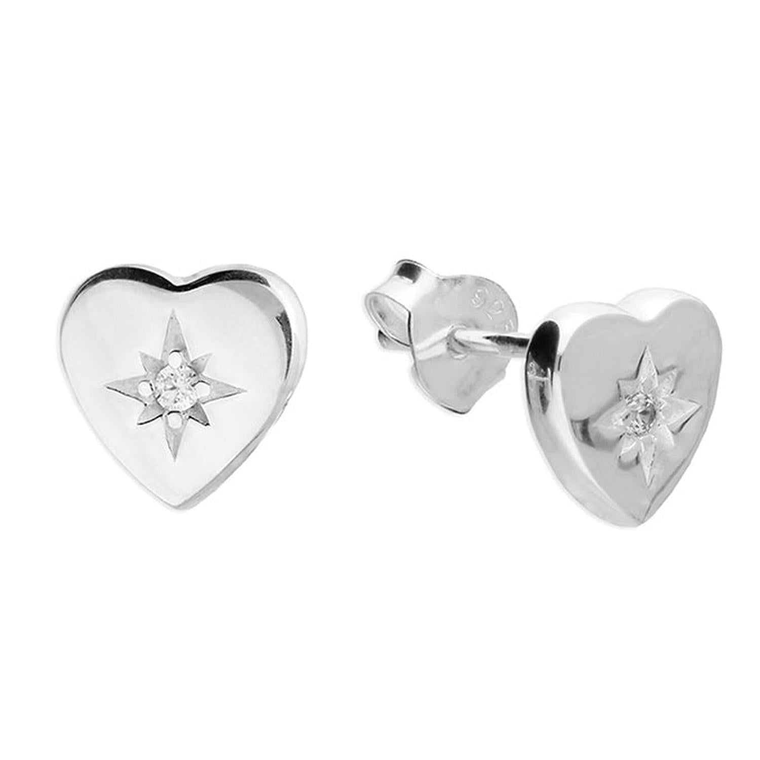 Melchior Jewellery sterling silver heart star stud earrings with central crystal detail for women