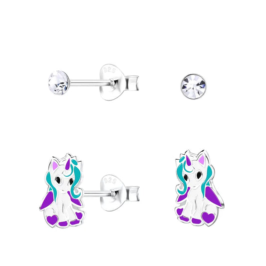 Sterling silver kids earring set featuring crystal studs and colourful unicorn designs by Melchior Jewellery