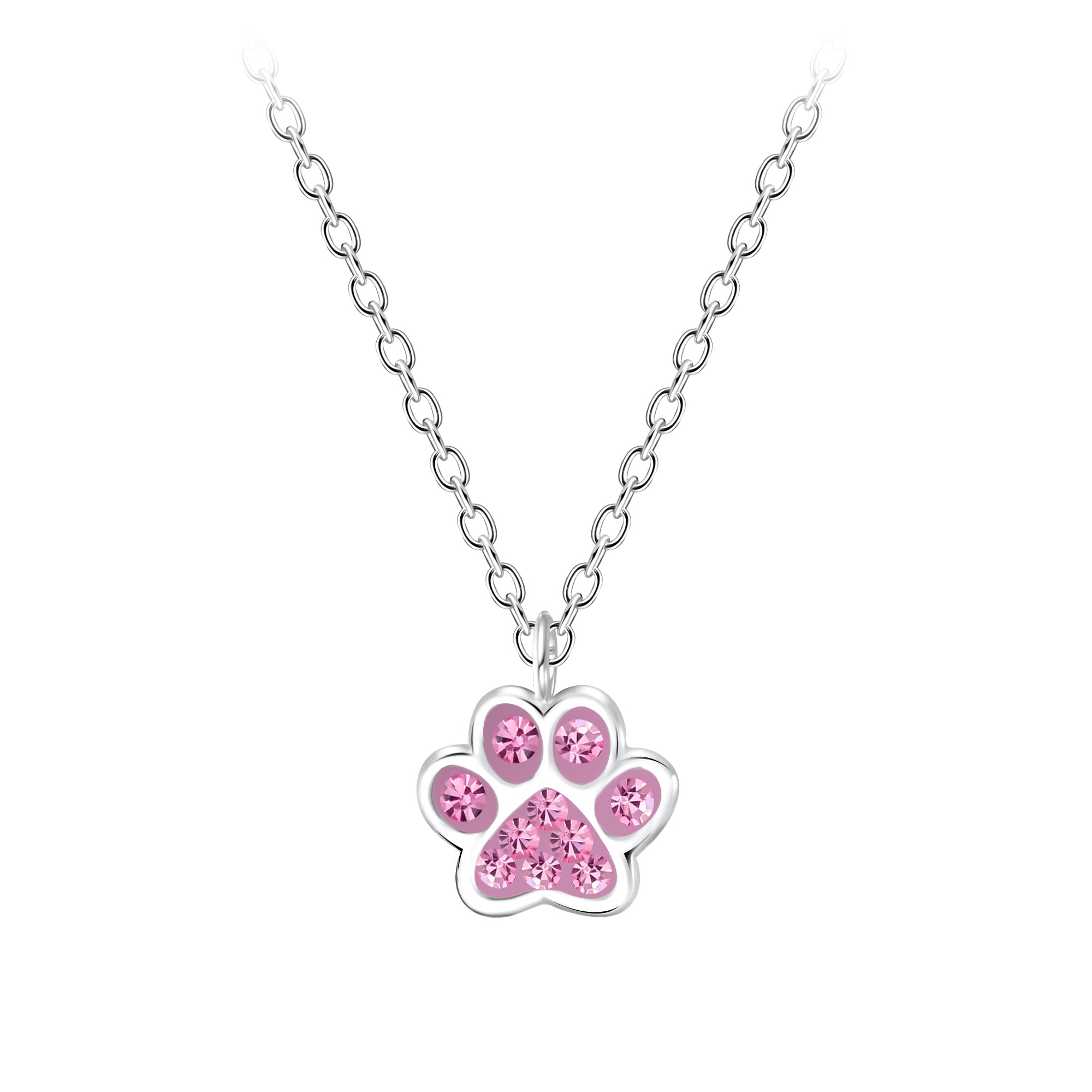 Melchior Jewellery sterling silver kids necklace with pink crystal paw pendant for children