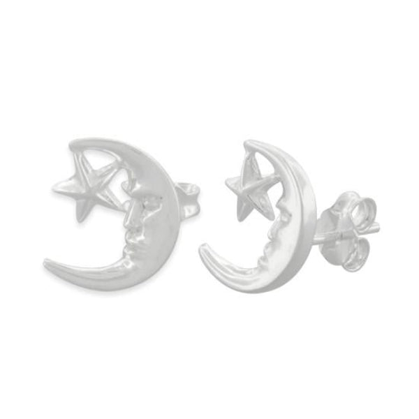 Sterling silver moon and star earrings by Melchior Jewellery with detailed crescent and star design