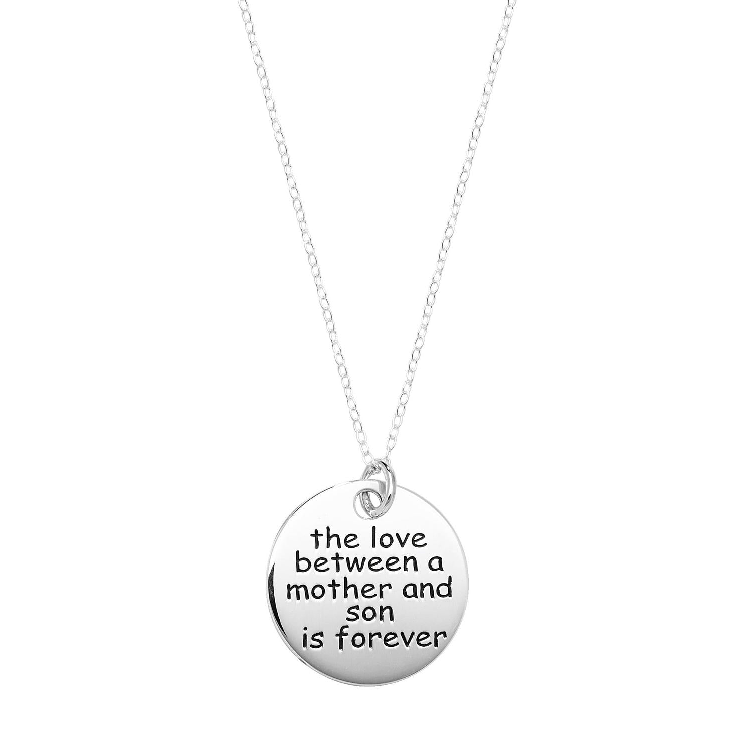 Melchior Jewellery sterling silver mother and son necklace with engraved heartfelt message pendant
