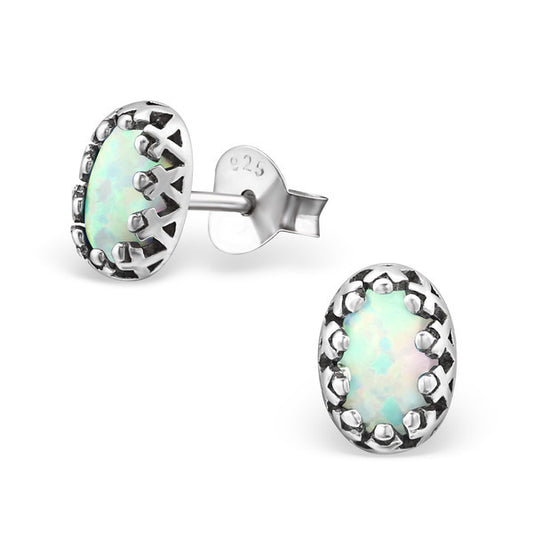 Melchior Jewellery sterling silver opal stud earrings oval opal in vintage claw setting for women