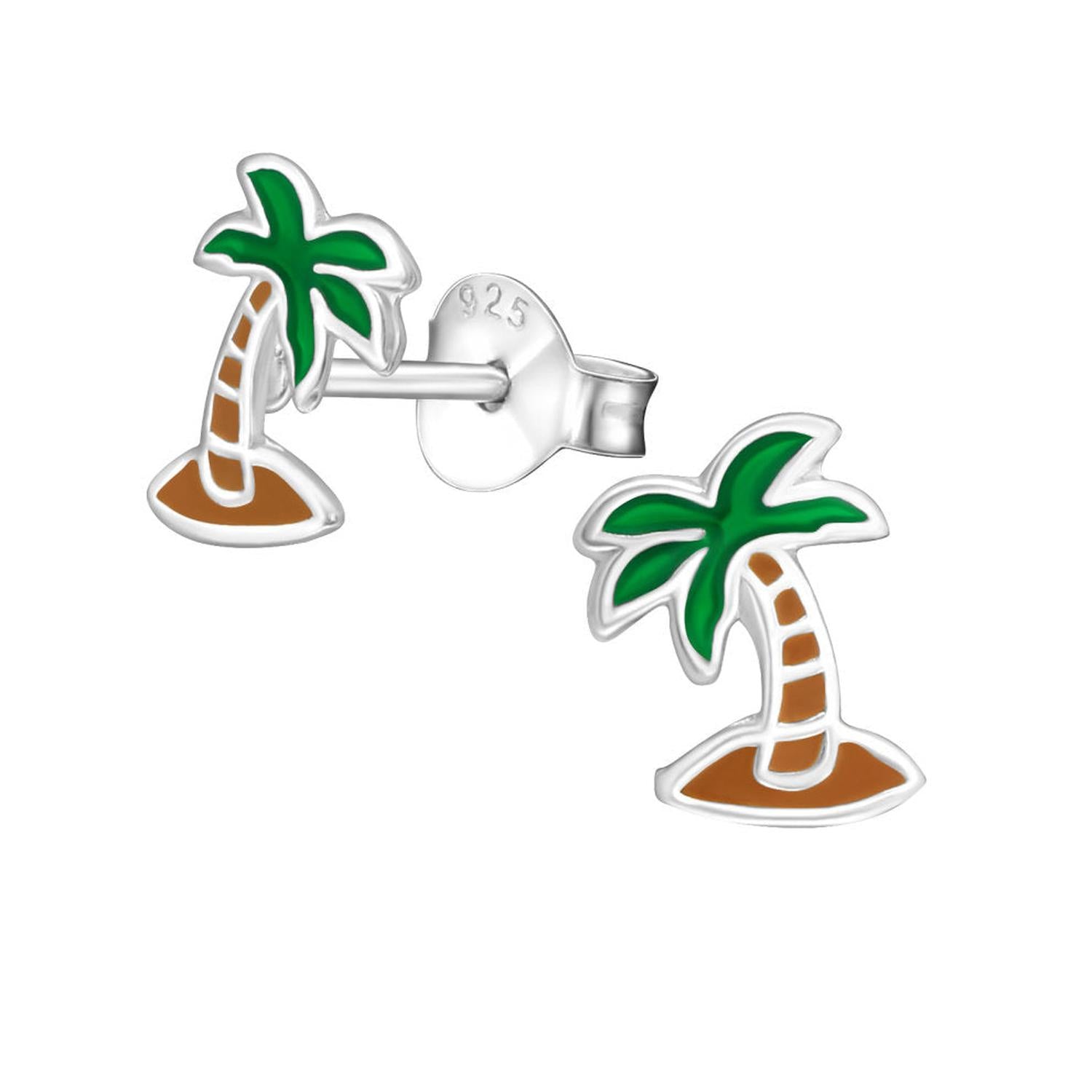 Melchior Jewellery sterling silver palm tree earrings with green enamel leaves and brown enamel trunk details