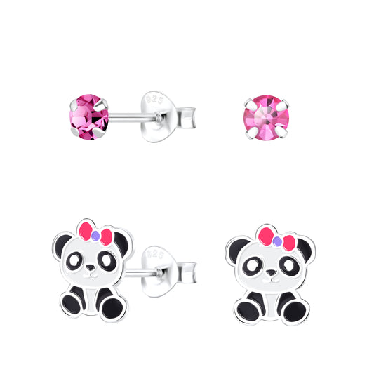Melchior Jewellery sterling silver panda earrings for kids with pink and purple bow details
