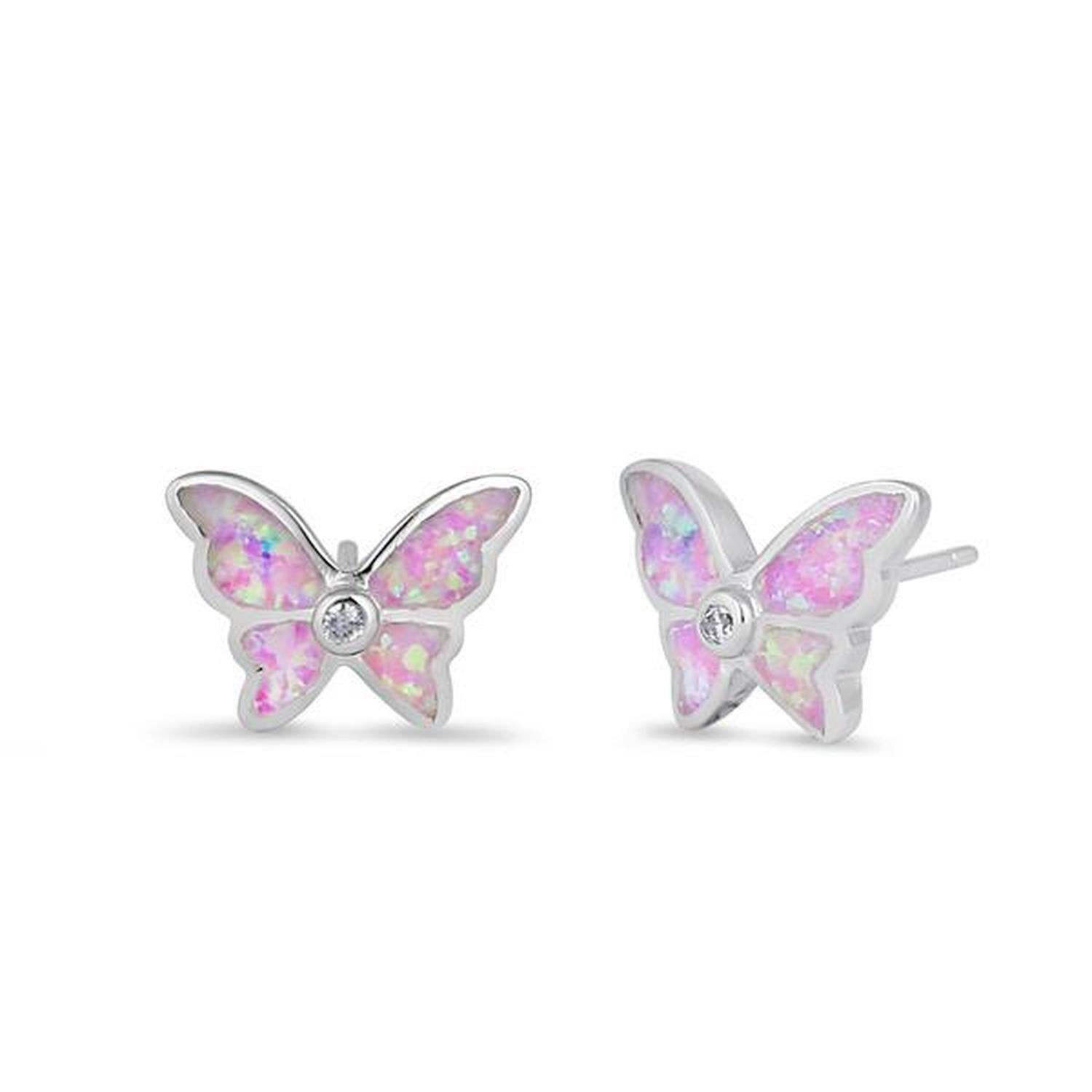 Sterling silver pink opal butterfly earrings with sparkling centre stones by Melchior Jewellery