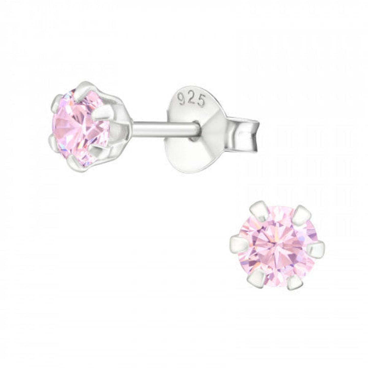 Sterling silver pink stud earrings with sparkling round pink gemstones and secure butterfly backs