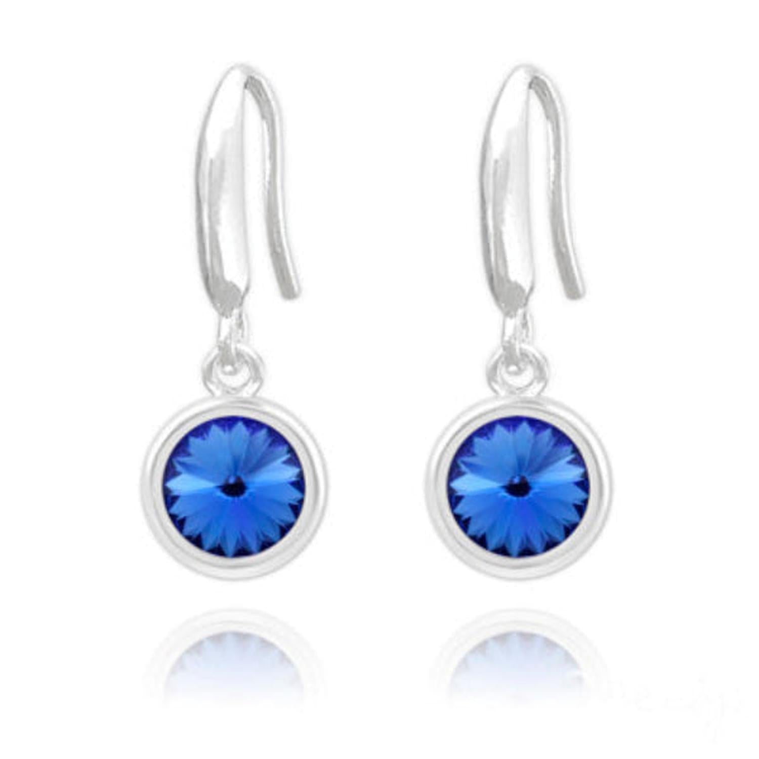 Sterling silver sapphire drop earrings for woman with deep blue round gemstones by Melchior Jewellery