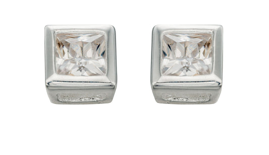 Melchior Jewellery sterling silver square stud earrings with clear princess cut cubic zirconia stones