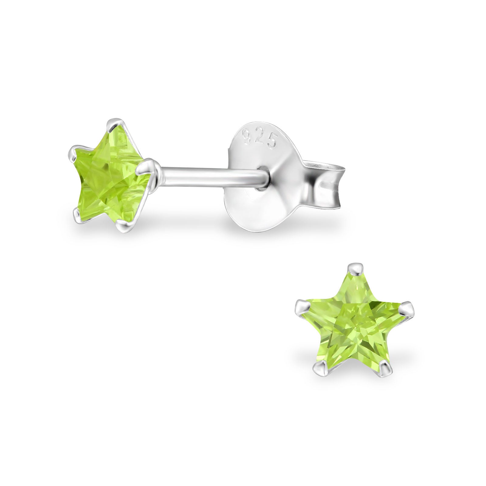 Melchior Jewellery sterling silver star birthstone earrings green peridot star studs with butterfly backs