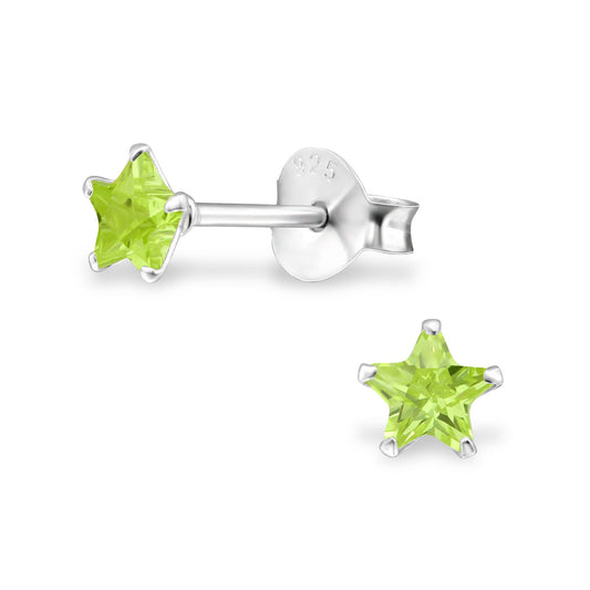 Melchior Jewellery sterling silver star birthstone earrings green peridot star studs with butterfly backs