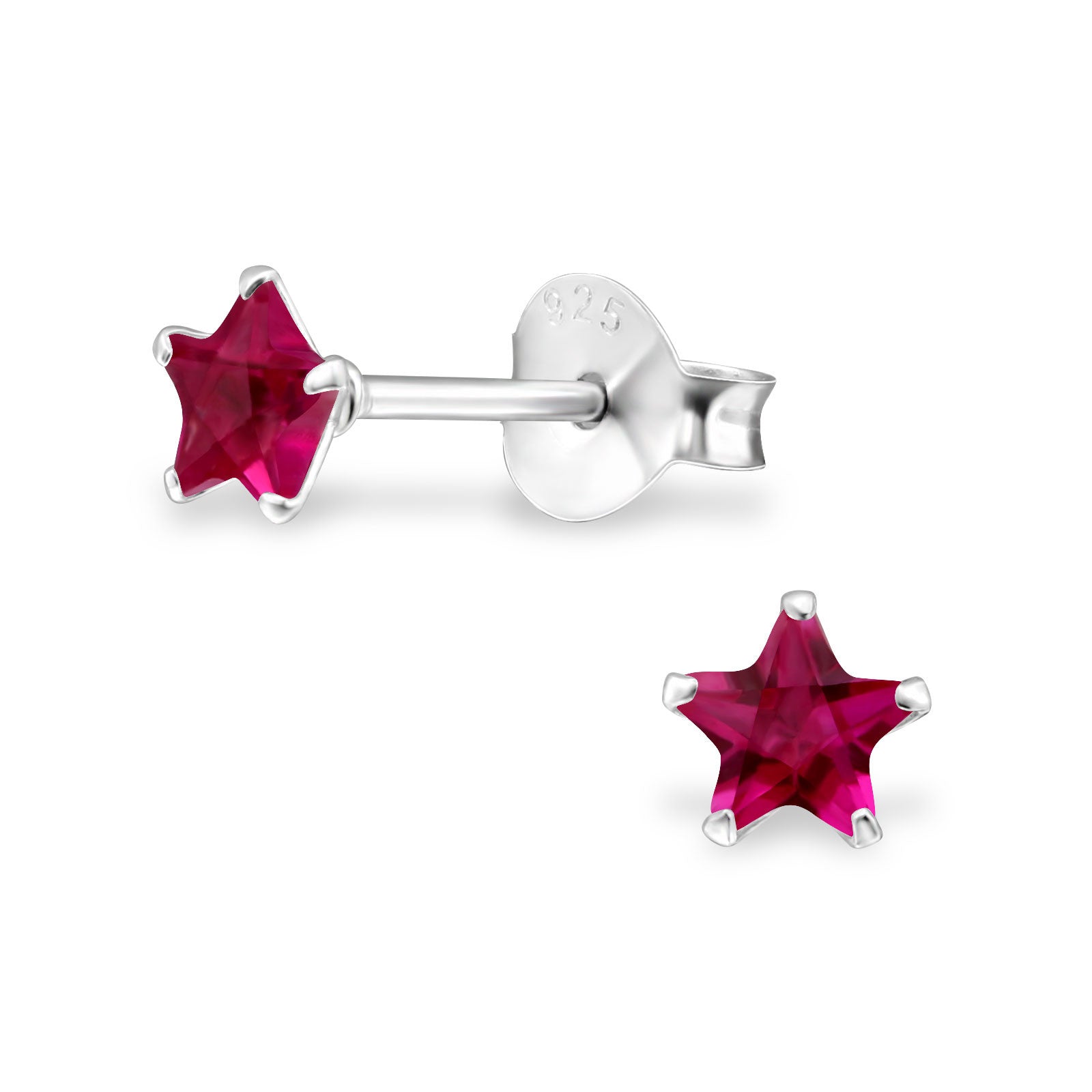 Melchior Jewellery sterling silver star birthstone earrings with deep red star studs in six prong setting