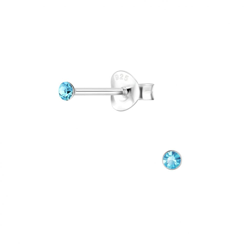 Melchior Jewellery sterling silver tiny stud earrings for children with small aqua crystal and 925 stamp