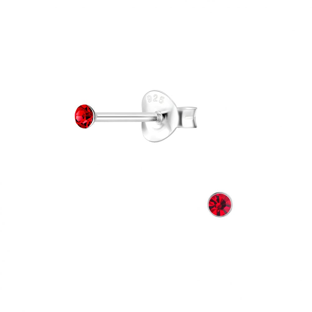 Melchior Jewellery sterling silver tiny stud earrings with small red crystal gems for children safe butterfly backs