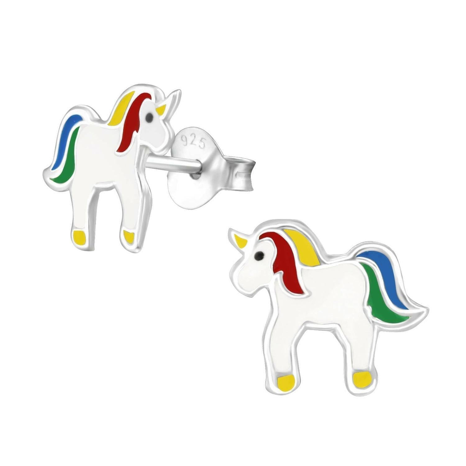 Melchior Jewellery sterling silver unicorn earrings for girls with colourful manes and yellow hooves
