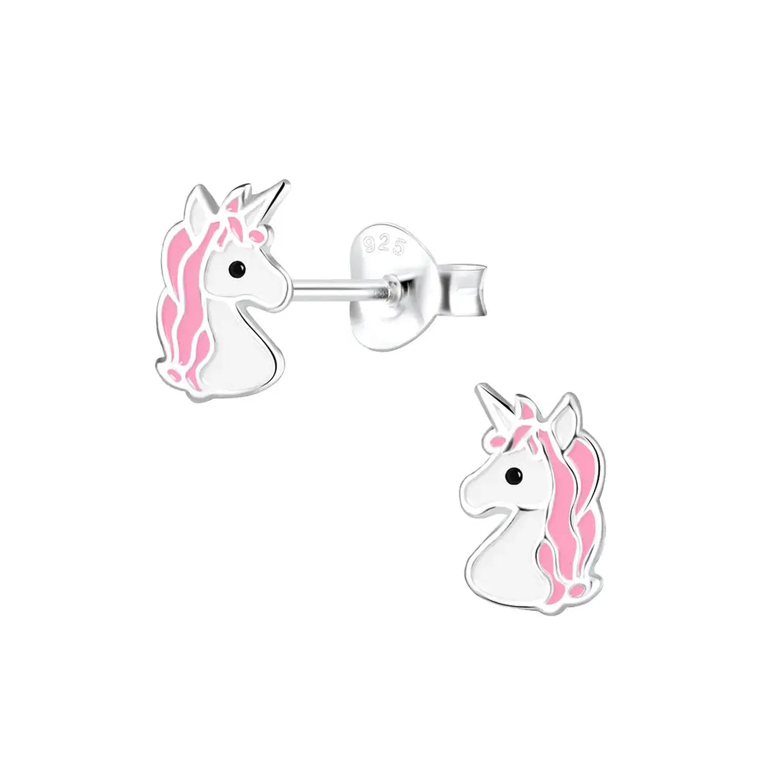 Sterling silver unicorn earrings for girls with pink mane from Melchior Jewellery for children
