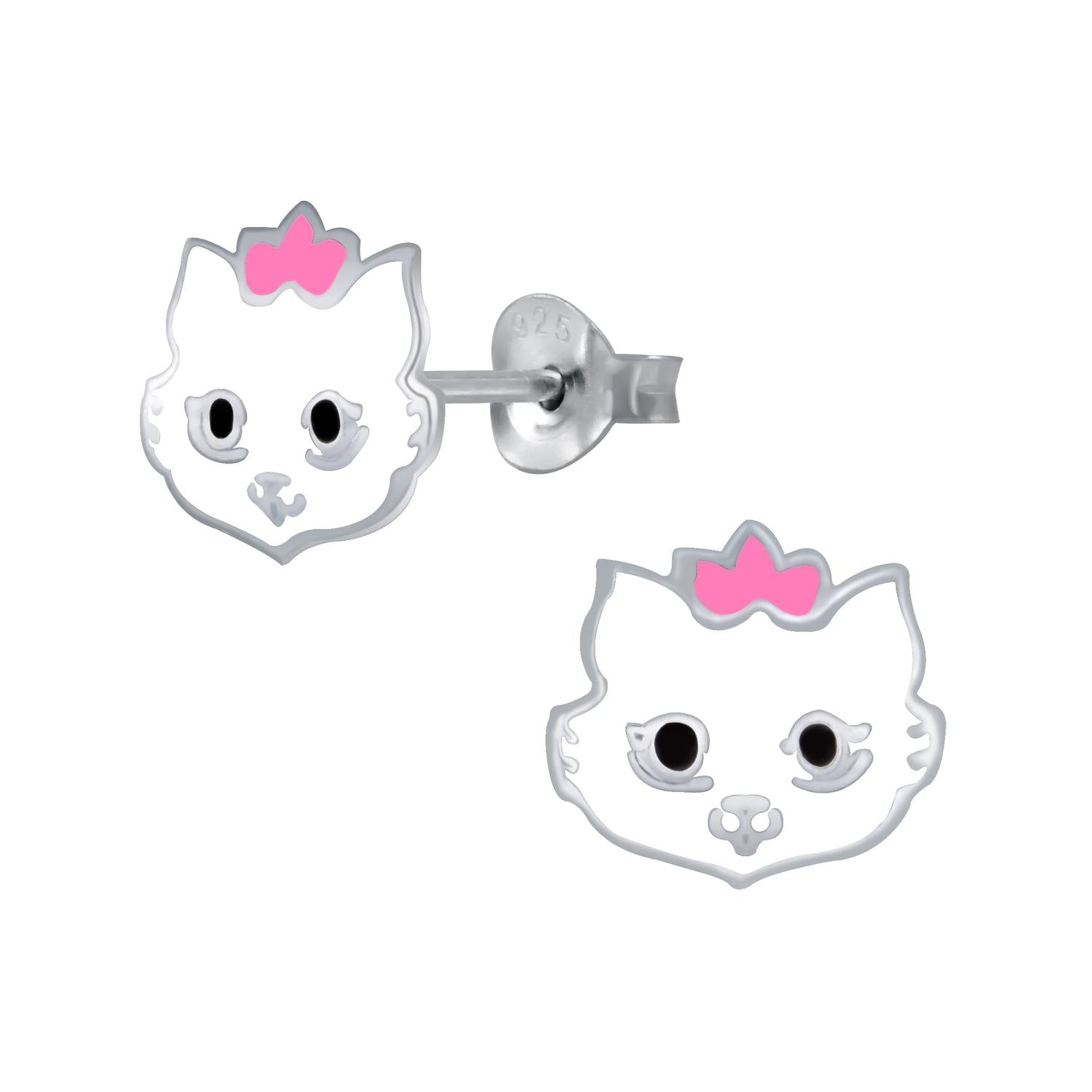 Sterling silver white cat earrings for girls with pink bows from Melchior Jewellery