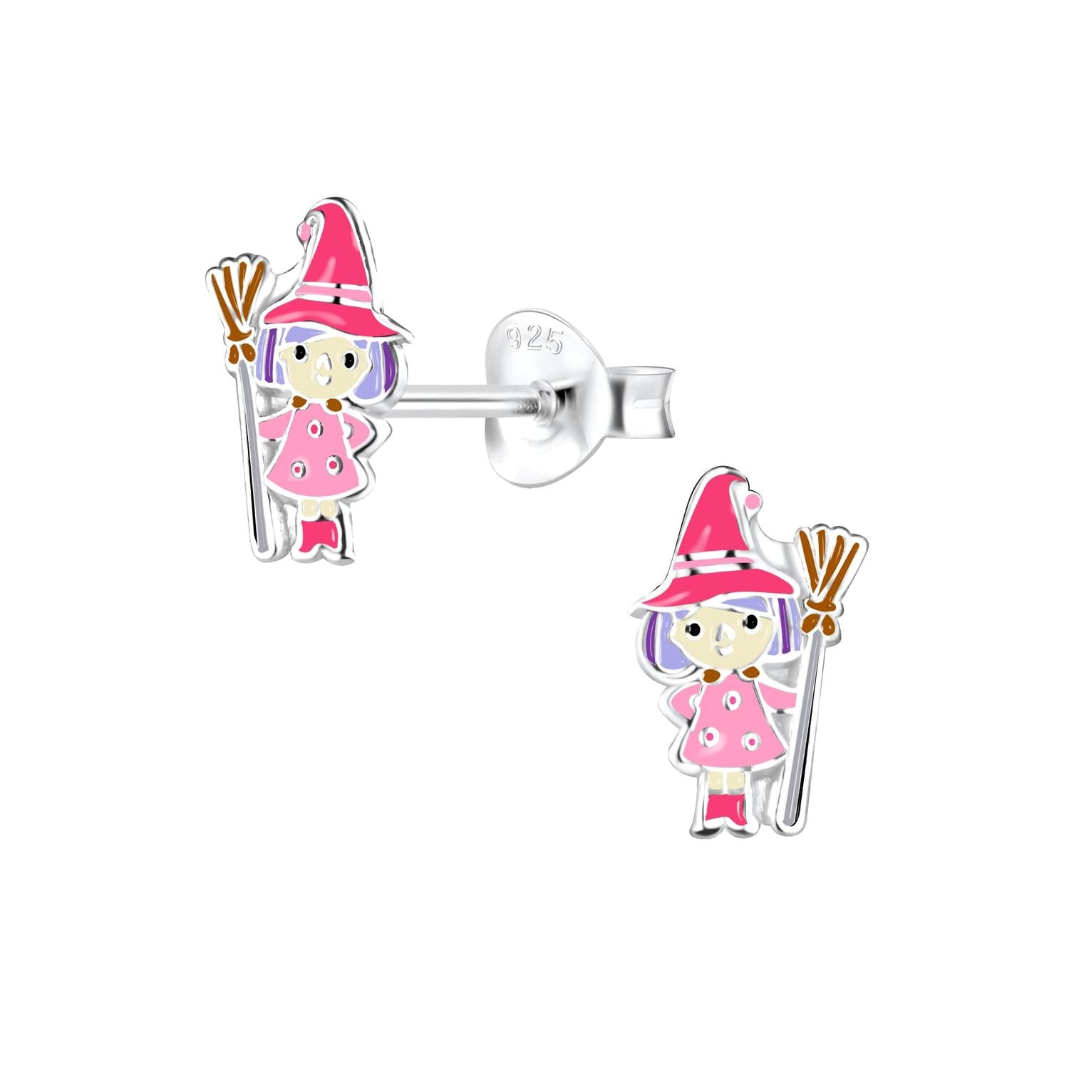 Melchior Jewellery Sterling Silver Witch Stud Earrings with pink hat dress and purple hair detail