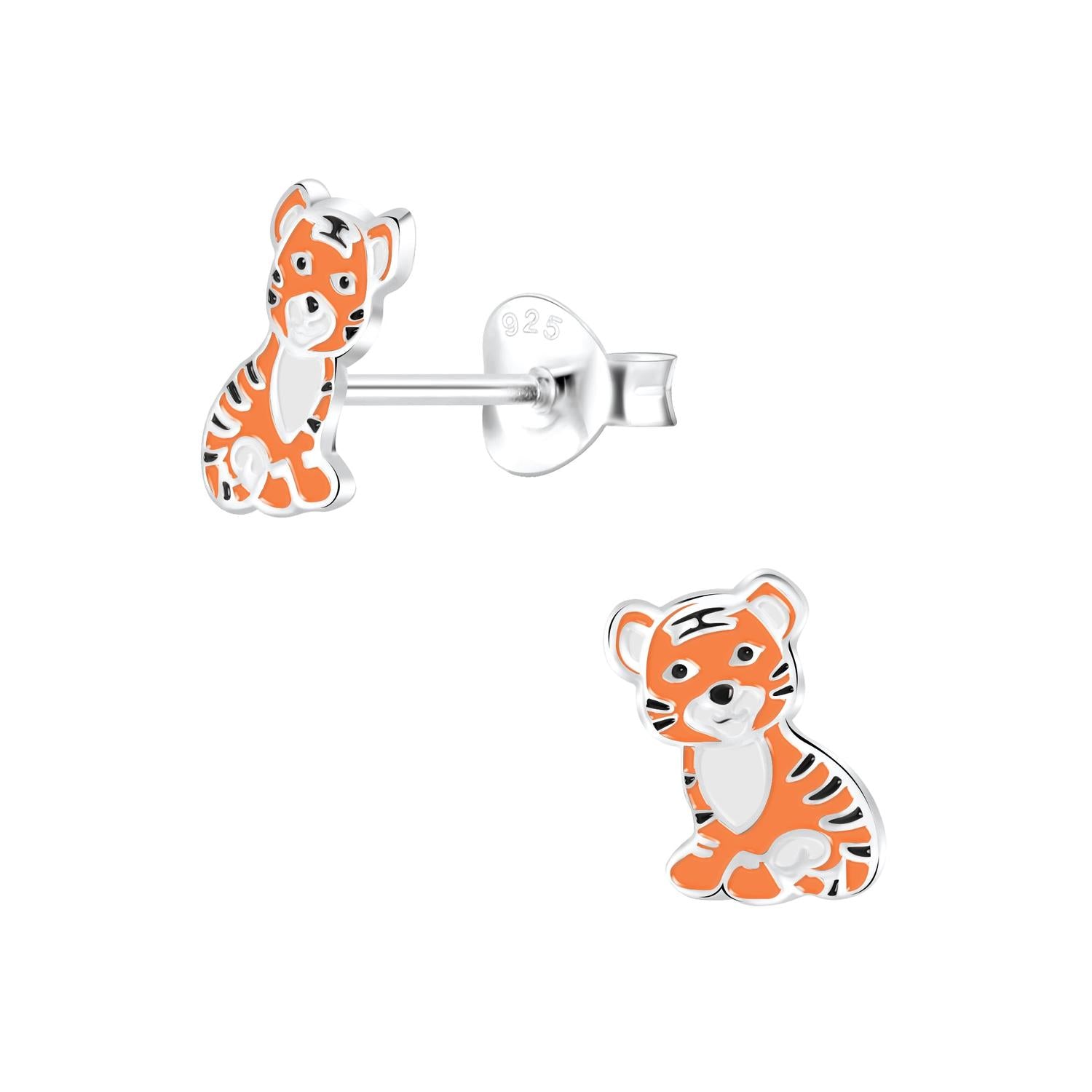Melchior Jewellery tiger stud earrings for children in silver with orange and black enamel detailing