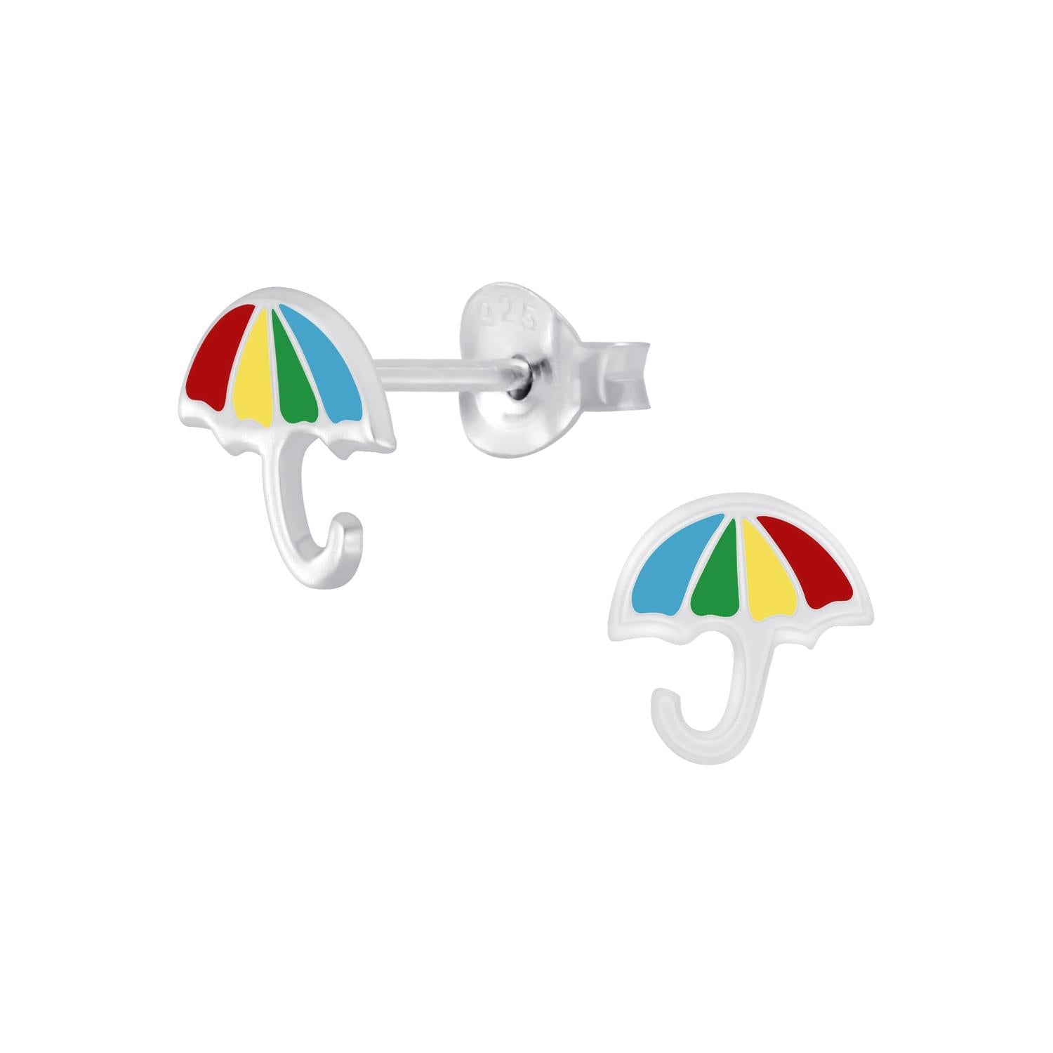 Melchior Jewellery colourful umbrella stud earrings for kids in silver with red, blue, yellow, and green panels