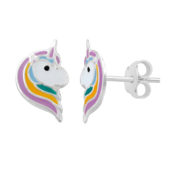 Melchior Jewellery childrens silver unicorn stud earrings with pastel enamel mane unicorn earrings for girls