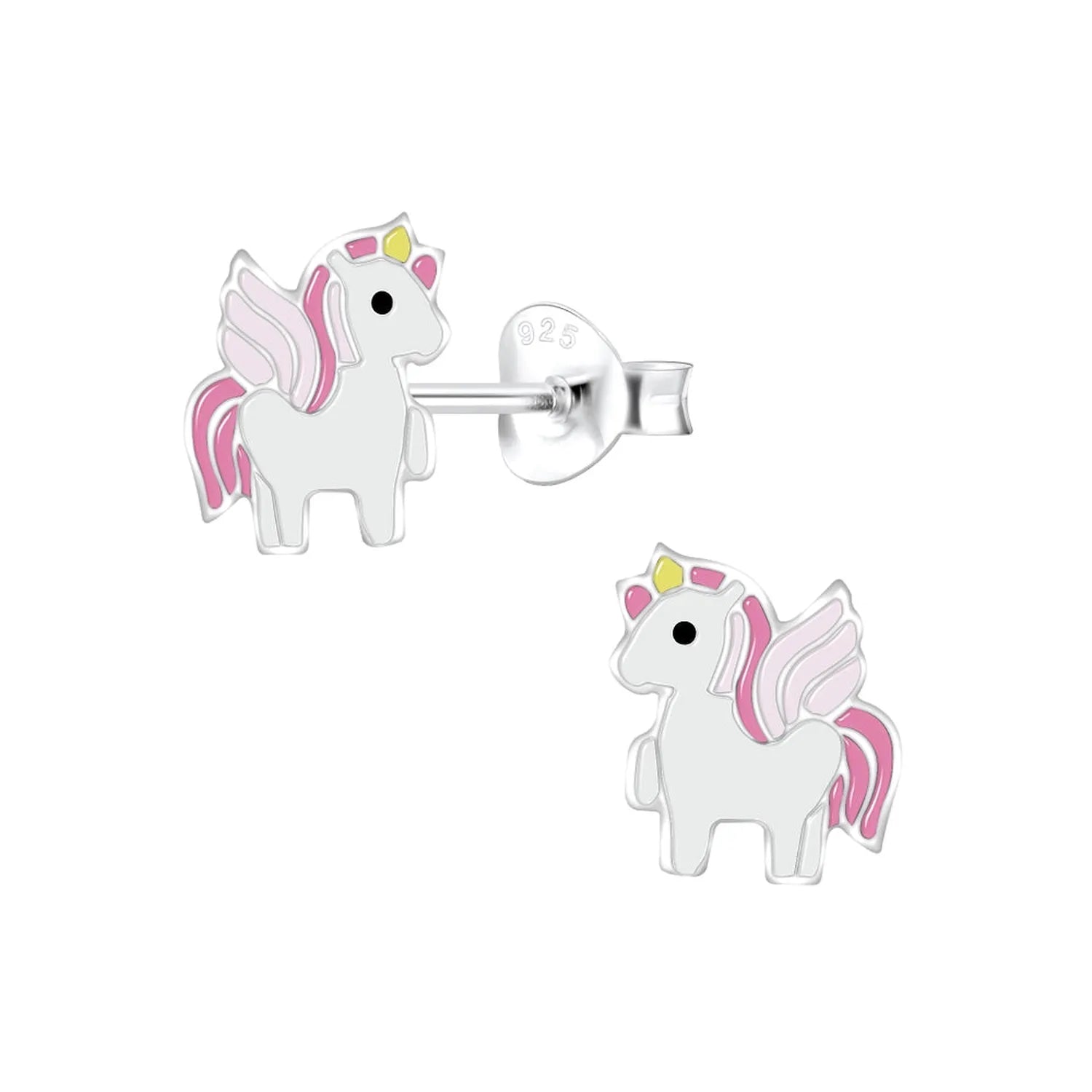 Melchior Jewellery childrens earrings in silver shaped like white unicorns with pink wings and tails unicorn jewellery for girls