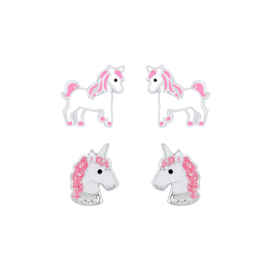 Melchior Jewellery unicorn stud earrings for kids featuring colourful pink and silver unicorn designs