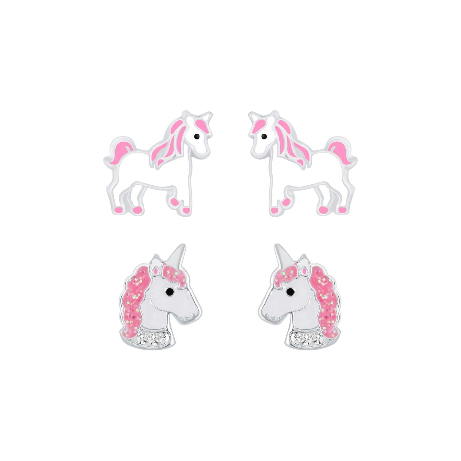 Melchior Jewellery unicorn stud earrings for kids featuring colourful pink and silver unicorn designs