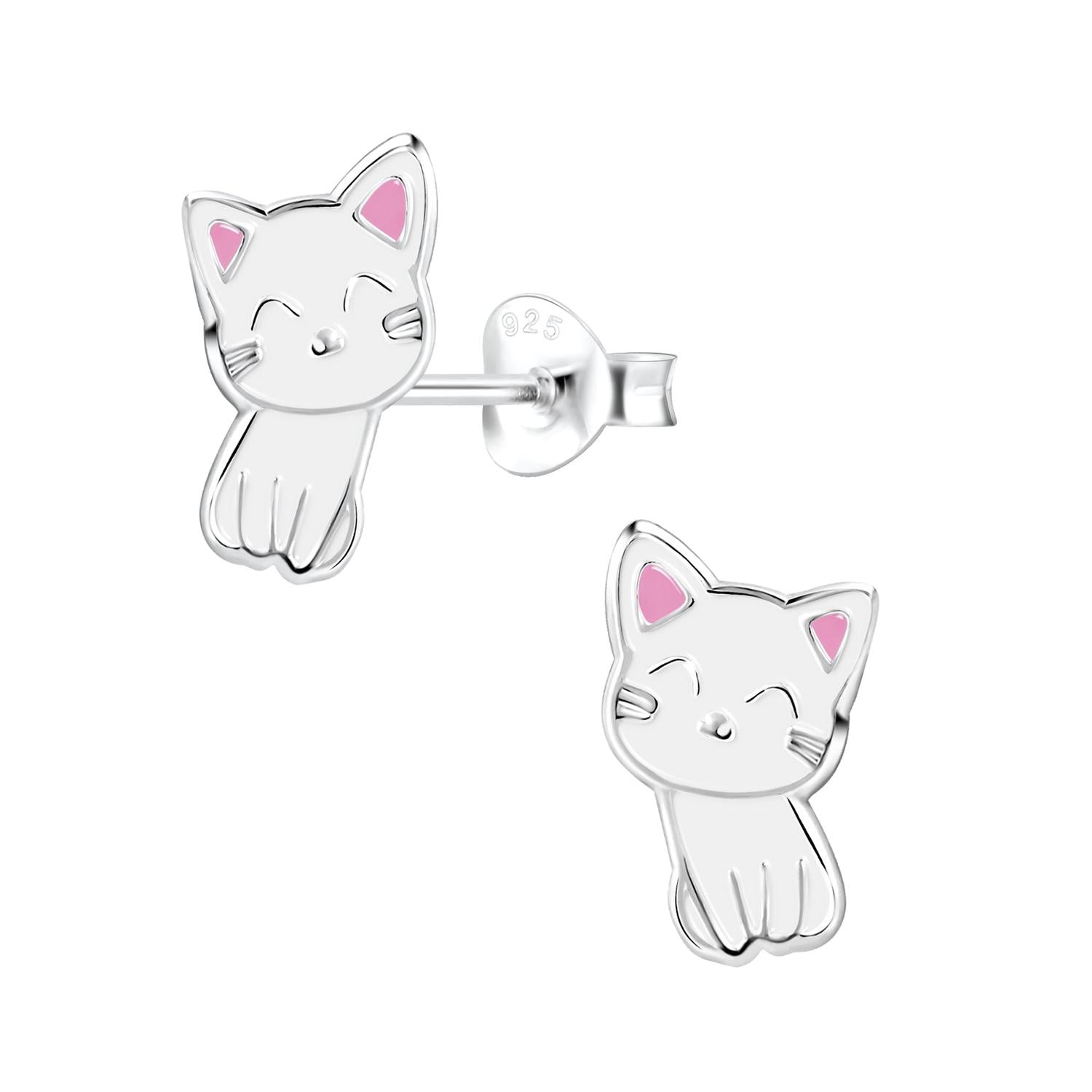White cat stud earrings for kids by Melchior Jewellery featuring cute silver kitten design with pink ears