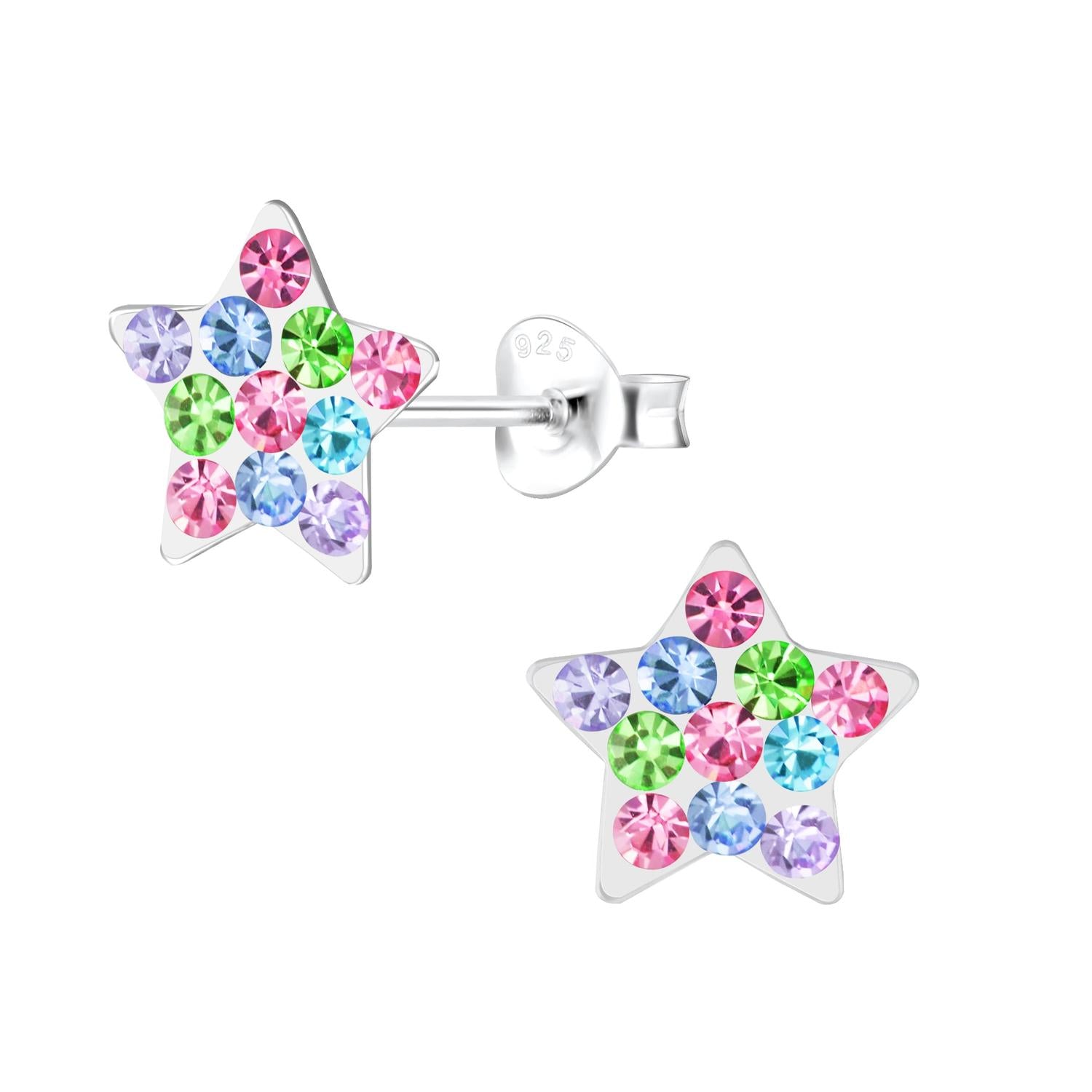 Melchior Jewellery multi coloured silver stud earrings for kids shaped like stars with colourful gemstones
