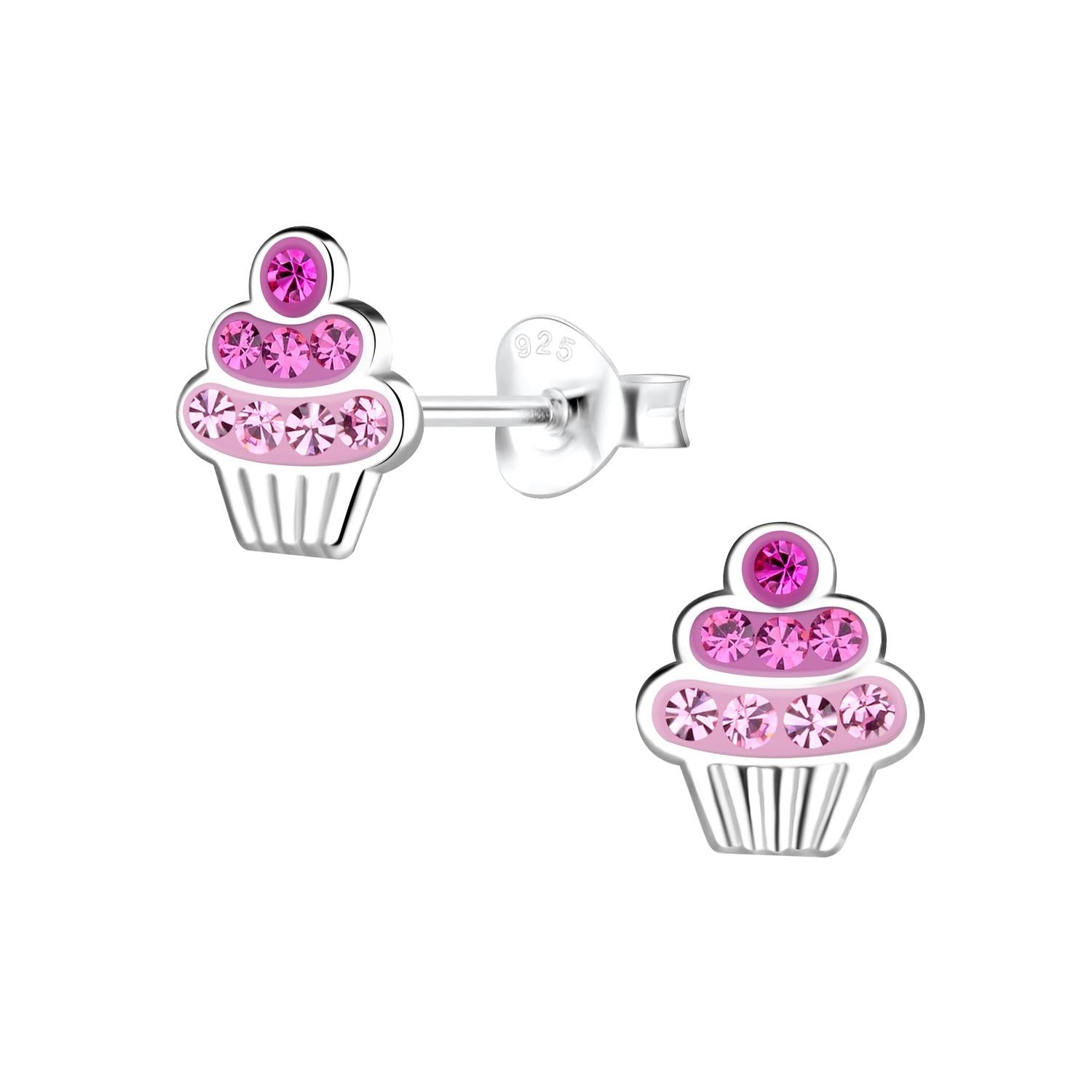 Melchior Jewellery pink cupcake earrings for children with silver setting and pink crystals