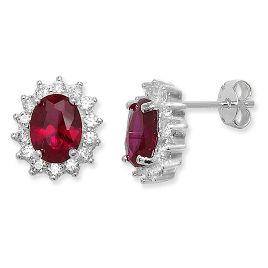 Sterling Silver Ruby Red & CZ Oval Stud Earrings - Melchior Jewellery