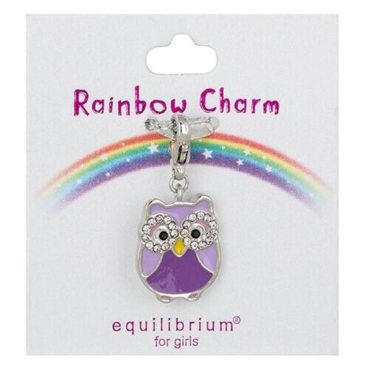Purple and lilac childrens enamel owl charm with sparkling eyes and yellow beak by Melchior Jewellery